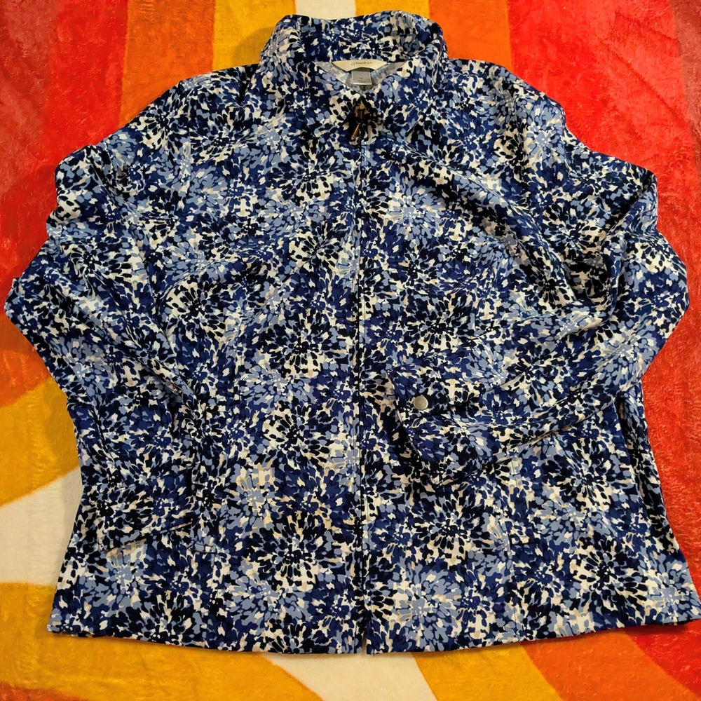CJ Banks 1X Blue White Stretchy Jacket Blazer Zipper SOFT!! Resortwear